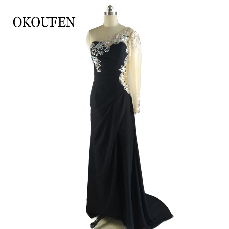 fashion black prom dresses 2019 new one shoulder long sleeves beaded women pageant gown formal party dress vestido de festa | Свадьбы и