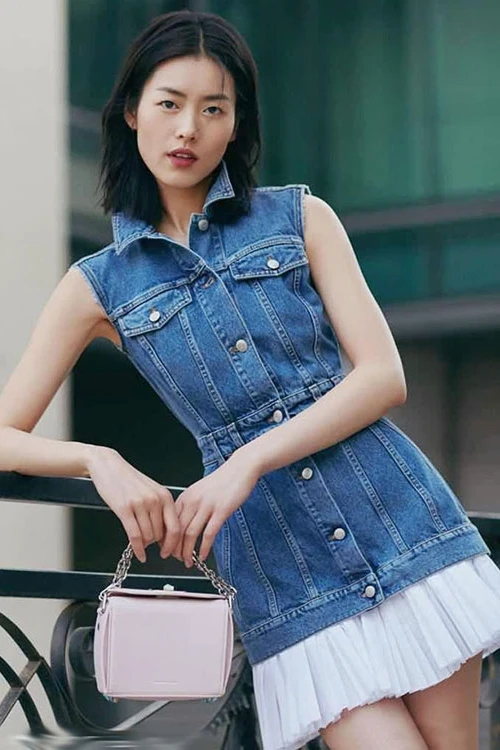 Женское джинсовое платье без рукавов повседневное однобортное Плиссированное