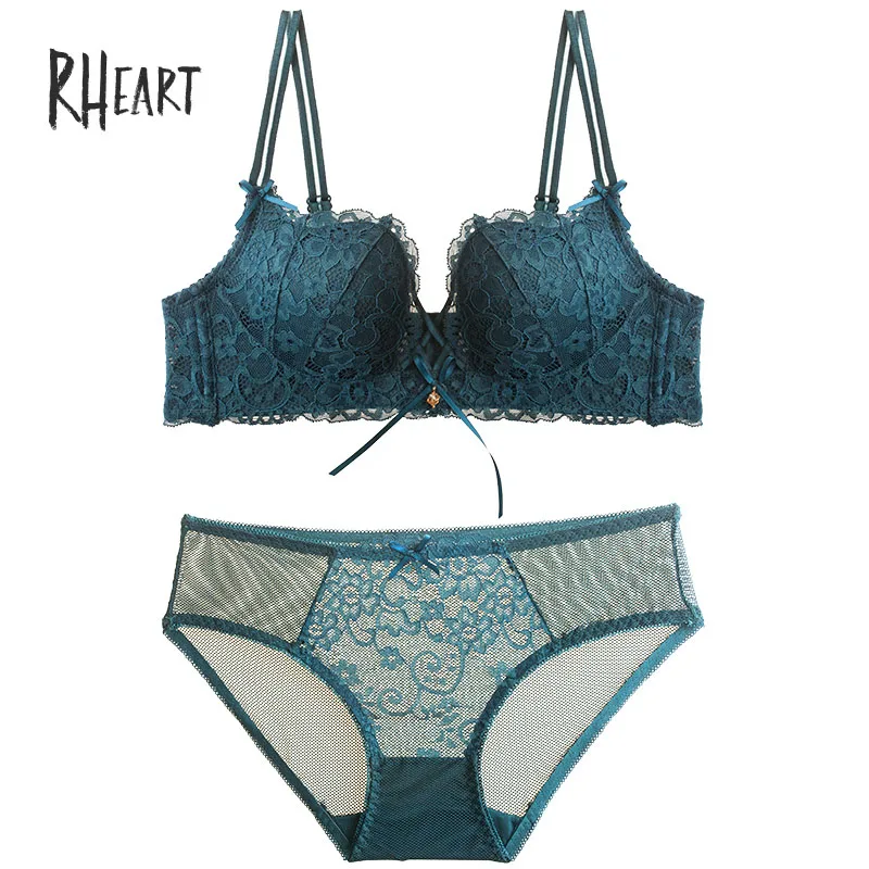 Green Roseheart Women Red Green Lace Trim Cross Straps Bralette Cotton Panties Push Up Bra Sets Underwear Sexy Lingerie Sets A B - Цвет: Green