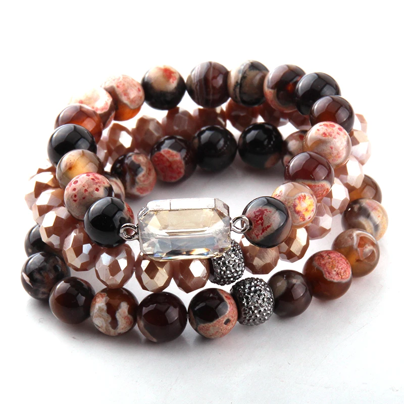 

MOODPC Fashion Beautiful 3pc set Brown Bracelet Sets Natural Stone & Glass Crystal Pave Bracelets
