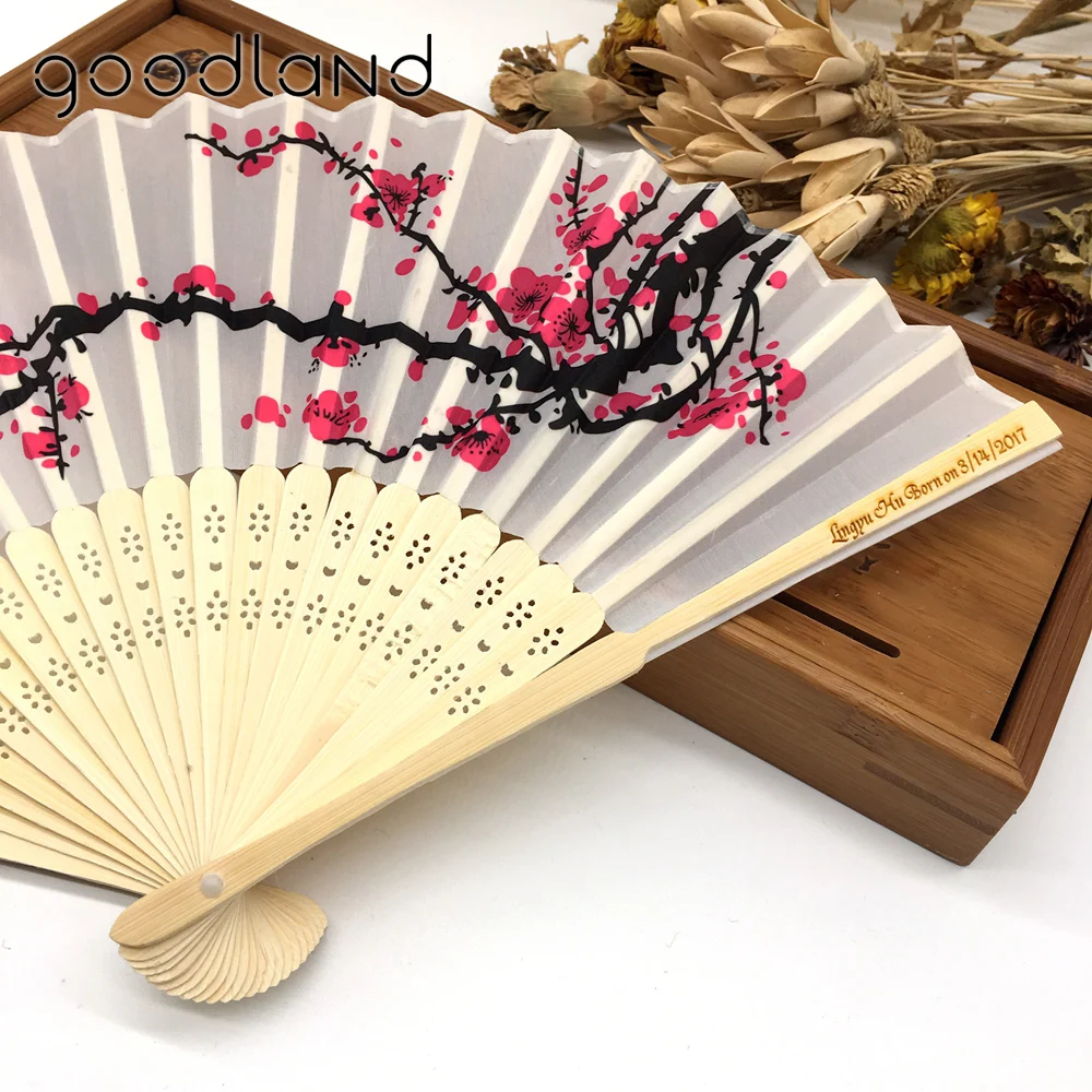 Белый веера из полиэстера элегантный цветок сливы печать складные руки