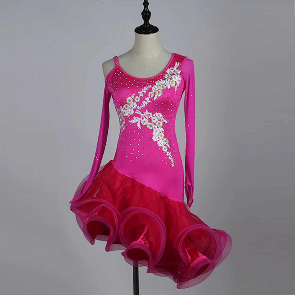 Женское платье для латиноамериканских танцев розово-красная кружевная юбка с