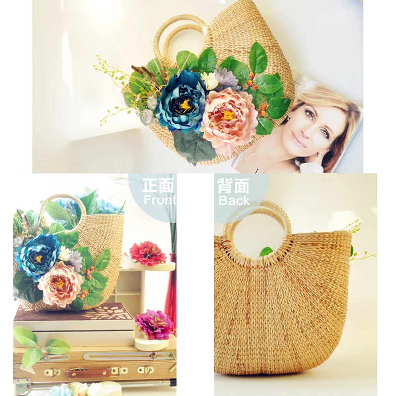Artificial Flower Larger Capacity handbag women Woven Beach bag Summer Straw Bags For ladies Travel Tote Bag With Zipper 2019 | Багаж и