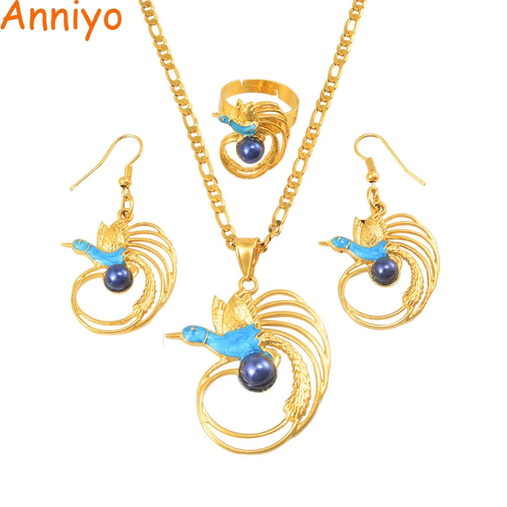 Anniyo PNG птица с синим жемчугом ожерелье серьги кольцо наборы для женщин золотой