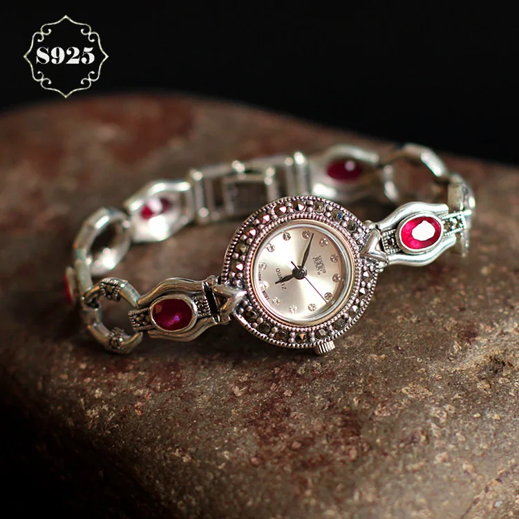 

Limited Edition S925 Pure Silver Watch Ruby-Corundum Classical Lady Thai Silver Bracelet Thailand Process Rhinestone Bangle