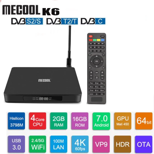 2G 16G Медиаплеер MECOOL K6 DVB s2-t2-C Android 7,0 2 Гб ОЗУ 16 Гб ПЗУ 2,4 ГБ+ 5 Гб WiFi USB3.0 Bluetooth 4,1 100 Мбит/с 4K - Цвет: 2G 16G
