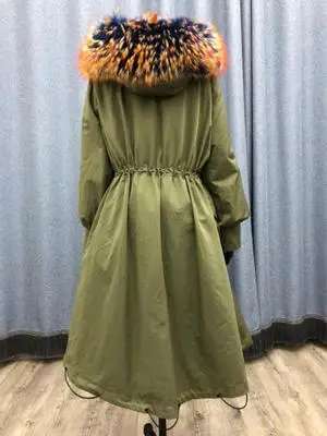 as picture Женская парка длинная свободная широкая версия Съемная натуральная норковая меховая подкладка Пальто меховое пальто с капюшоном с воротником из меха енота - Цвет: as picture