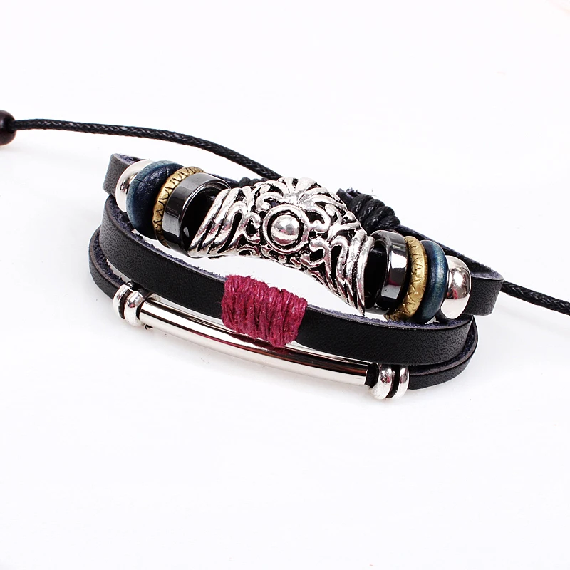 Модный черный кожаный мужской браслет с цепочкой полые цветочные Регулируемые