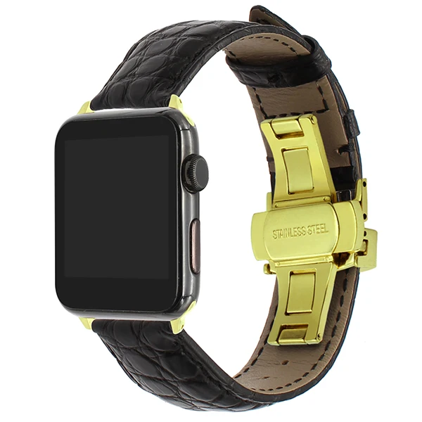 Ремешок для часов из натуральной крокодиловой кожи для iWatch Apple Watch 38 мм 42 мм, ремешок Croco, стальной ремешок с бабочкой и пряжкой, браслет на запястье