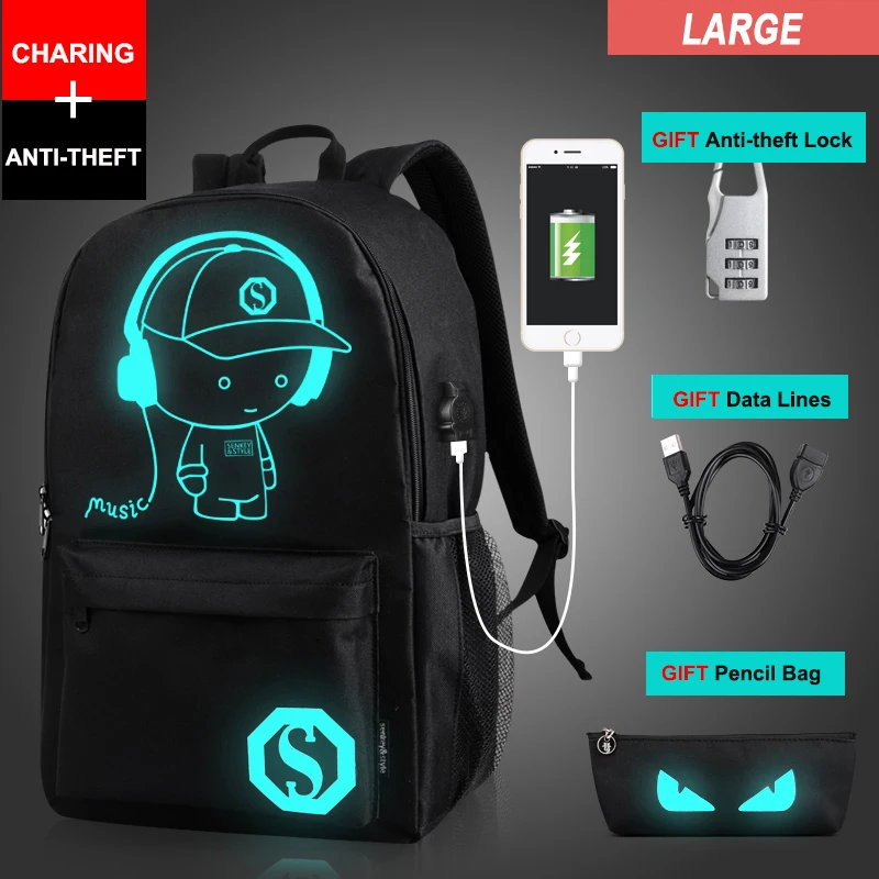 L Music Kid Black Противоугонный ночник, школьные сумки, зарядка через usb, мужские светящиеся рюкзаки, Mochila, модный мультяшный школьный рюкзак для студентов - Цвет: L Music Kid Black