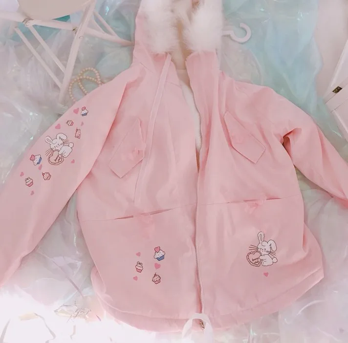 Новинка зимы, женское милое Пальто Harajuku, розовый принт с кроликом, Мультяшные куртки, Kawaii, милая одежда на молнии для молодых девушек с капюшоном - Цвет: Розовый