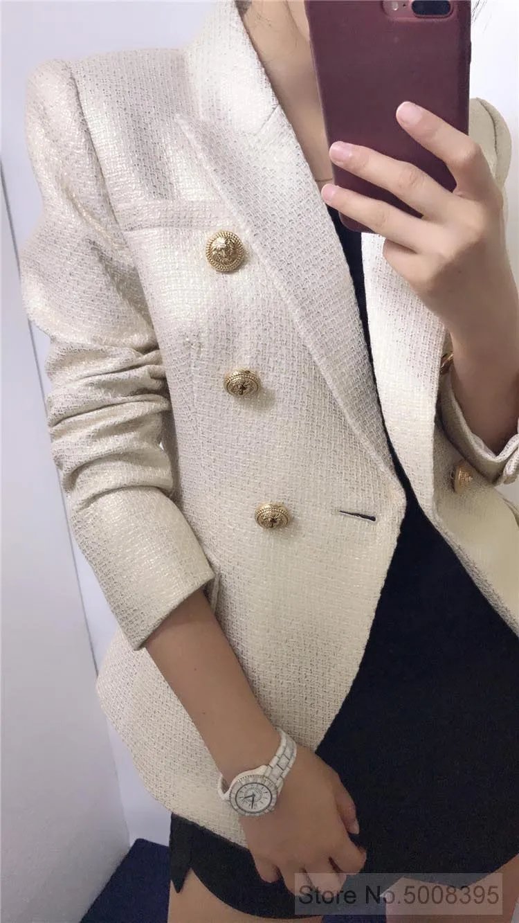 Женский двубортный блейзер с золотыми рельефными кнопками цвет металлик
