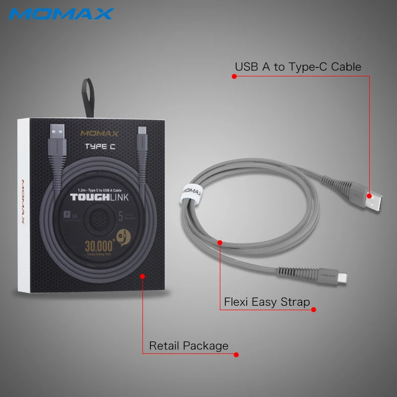 MOMAX высокой Скорость USB к Тип c Быстрая зарядка кабель 1.2 м плетеный нейлоновый