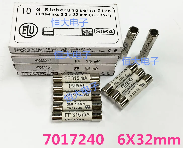 

Free Shipping 10 pieces / lot SIBA 6.3x32 mm FF315mA 1000V 7017240 6*32mm FF 315mA 0.315A 1KV supply high voltage fuse