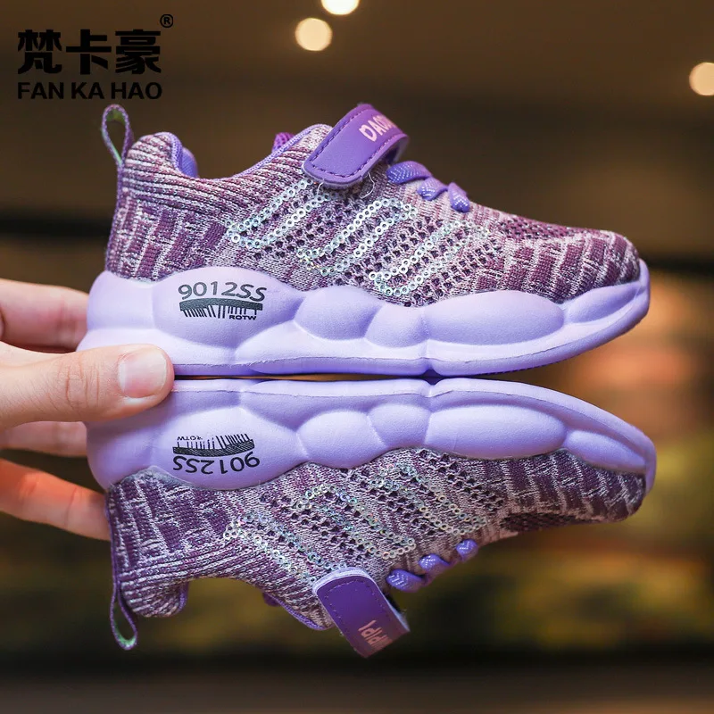 PURPLE ULKNN; детская обувь; коллекция года; сезон осень; Новинка; Нескользящая дышащая Спортивная обувь для девочек с буквенным принтом и блестками; тканая сетчатая обувь - Цвет: PURPLE