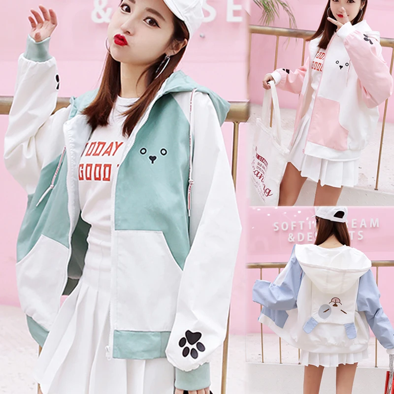Для женщин куртка японский Harajuku Стиль Kawaii след печати карман на молнии с длинным