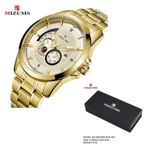 gold with box Мужские часы с бриллиантами, кварцевые часы из нержавеющей стали, мужские наручные часы, водонепроницаемые часы с датой, золотые мужские часы, Лидирующий бренд Mizums reloj hombre - Цвет: gold with box