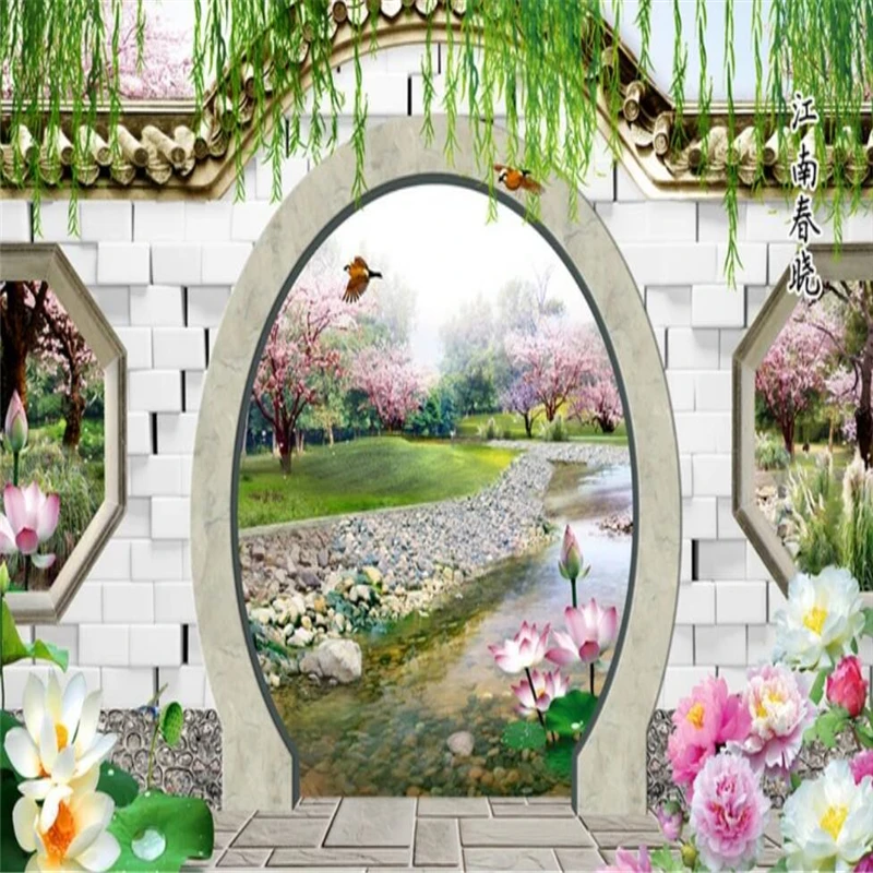 Декоративные обои "Фэнтези 3D весенняя персиковая ветвь круглой двери Цзяннань Чунсяо телевизионная фоновая картина".