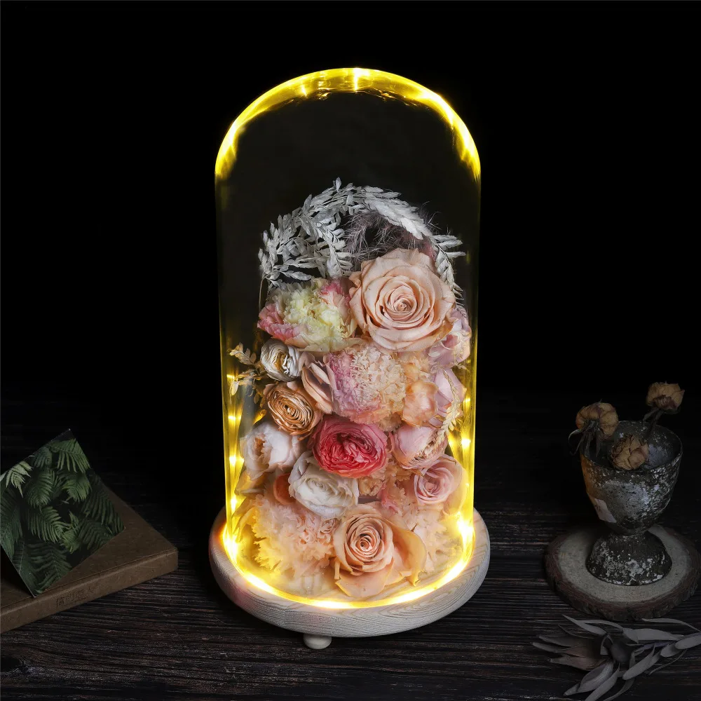 Tabletop Display Glass Dome Cloche Cover Decor Dry Flower Ornaments Handmade Craft Bell Jar with Wood Color Base, Feet, and LED Light image 4