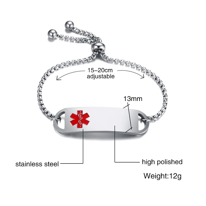 XUANPAI Free Engraving Medical Alert ID Bracelets for Women Stainless Steel Identification Tag Adjustable Female Charms Jewelry | Украшения