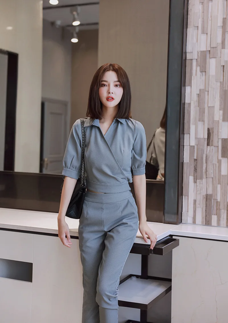 

2021 Summer Women Suit Office Party Sexy Bodycon Vestidos Fashion Blue Grey Short Shirt Tops and Straight Pants 2 Piece Set