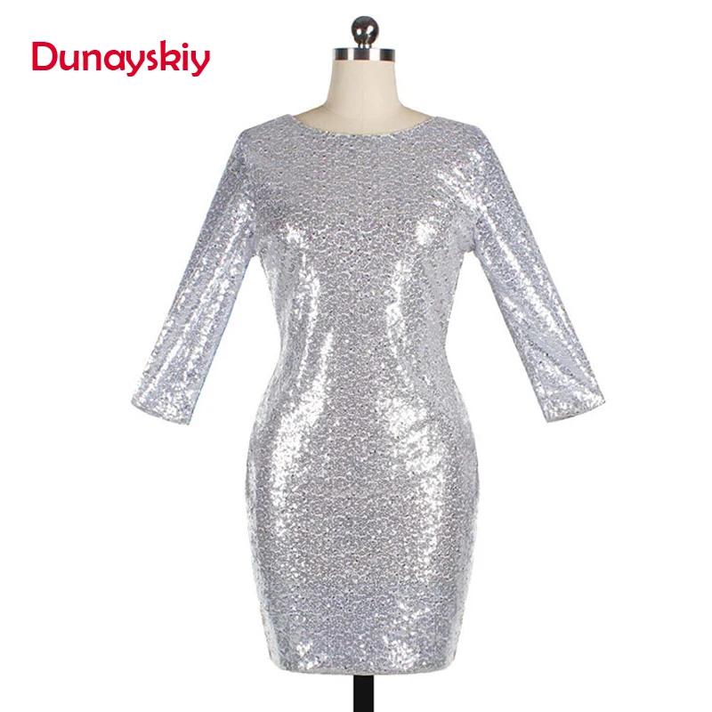 Dunayskiy Women Spring Sexy Slim 8 Colors Sequined O-Neck Dresses Female Backless Three Quarter Sleeve Shiny Mini Party Dresses