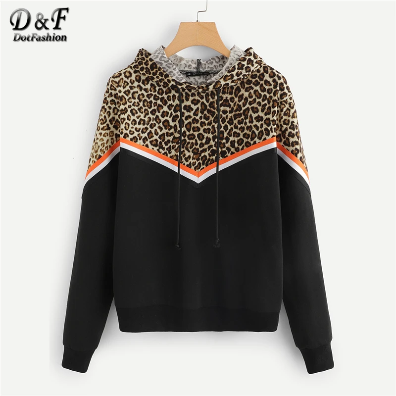 Dotfashion/разноцветная леопардовая контрастная полосатая толстовка с капюшоном, повседневные толстовки с длинными рукавами и завязками, женские осенние пуловеры, топы