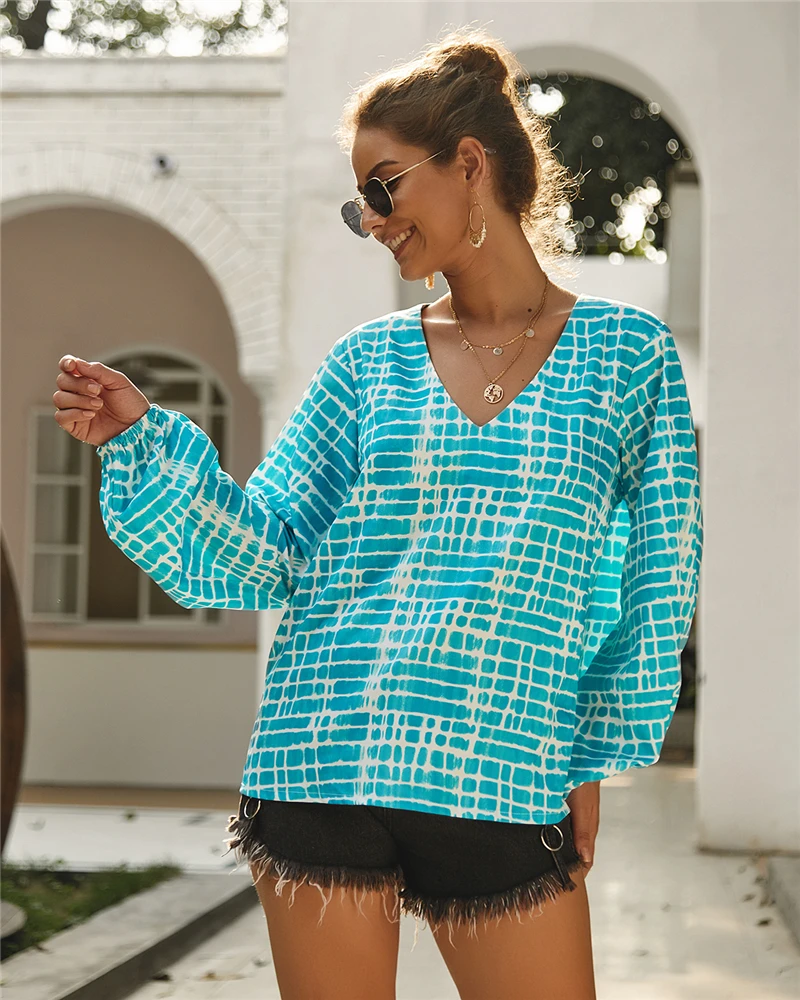 Мода Boho Женская Повседневная Блузка с v-образным вырезом Сексуальная Печать