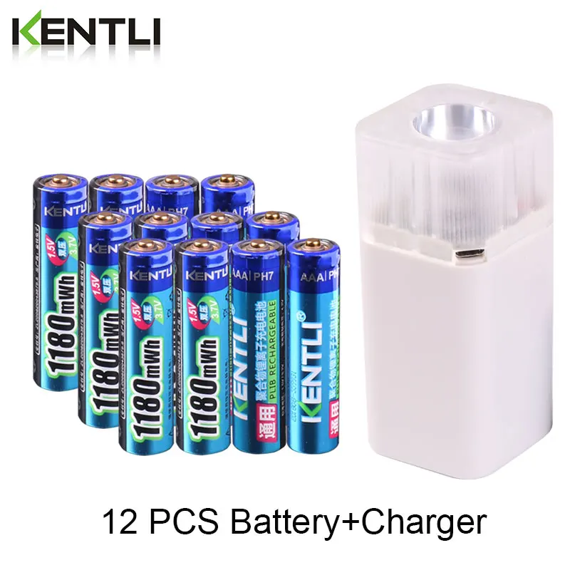 12pcs and Charger KENTLI 1,5 v 1180mWh AAA перезаряжаемая полимерная литиевая батарея+ 4 слота aa aaa литиевая батарея зарядное устройство с фонариком - Цвет: 12pcs and Charger
