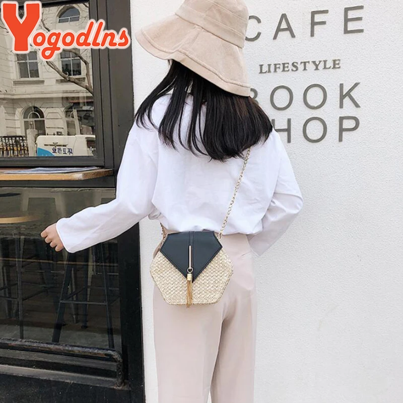 Yogodlns Hexagon Straw Shoulder Bag Women Summer Rattan Handmade Woven Beach Bohemia bolsa feminina chain Crossbody bag | Багаж и сумки