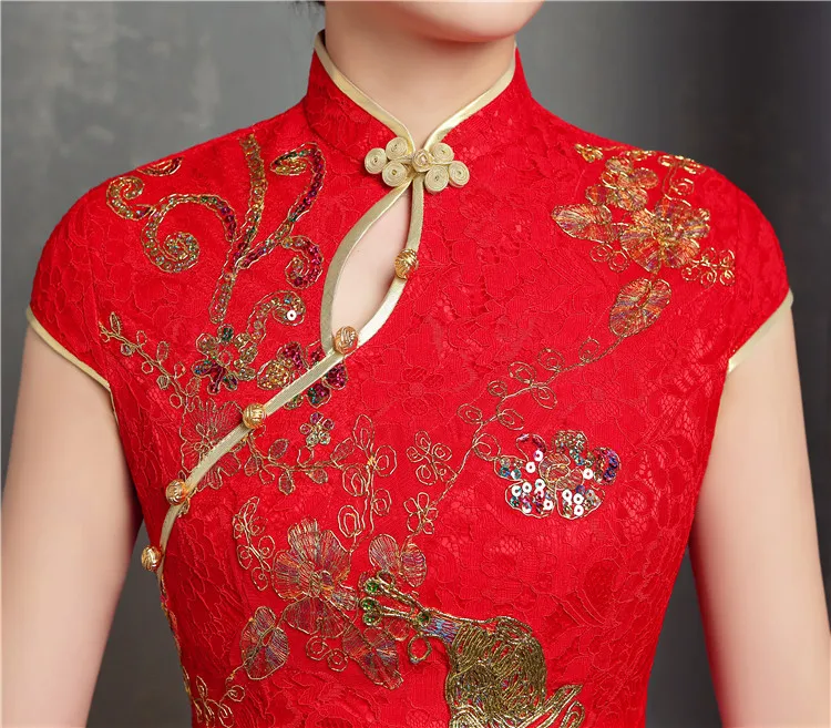 

Plus Size 6XL Red Chinese Traditional Wedding Cheongsam Dress Long Embroidery Qipao Retro Lace toast Dress for Women