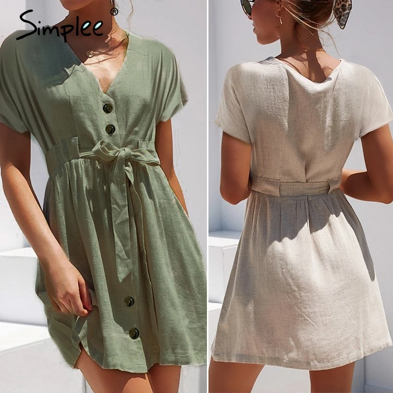 Simplee/винтажное Хлопковое платье на пуговицах для женщин Рубашка с v образным