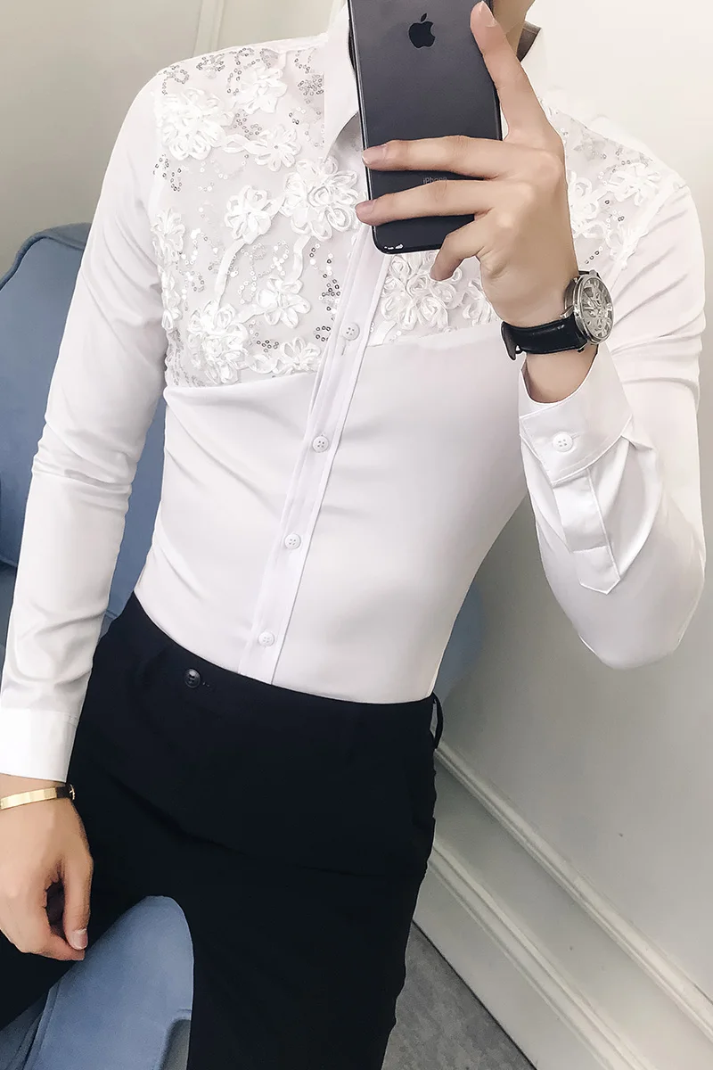 2018 блузка Осень мужские модные белые кружевные рубашки с цветами праздничная