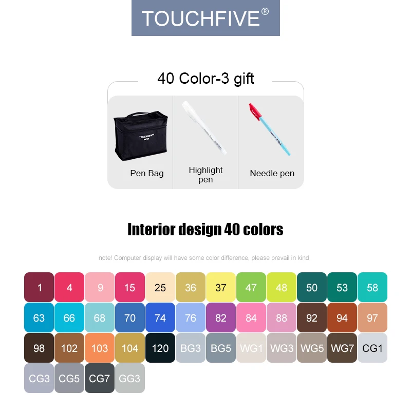 40 interior design TouchFIVE 30/40/60/80/168 набор цветных маркеров с двойным наконечником, спиртовая основа, хорошее смешивание чернил, профессиональное качество для рисования скетчей, манги, аниме - Цвет: 40 interior design