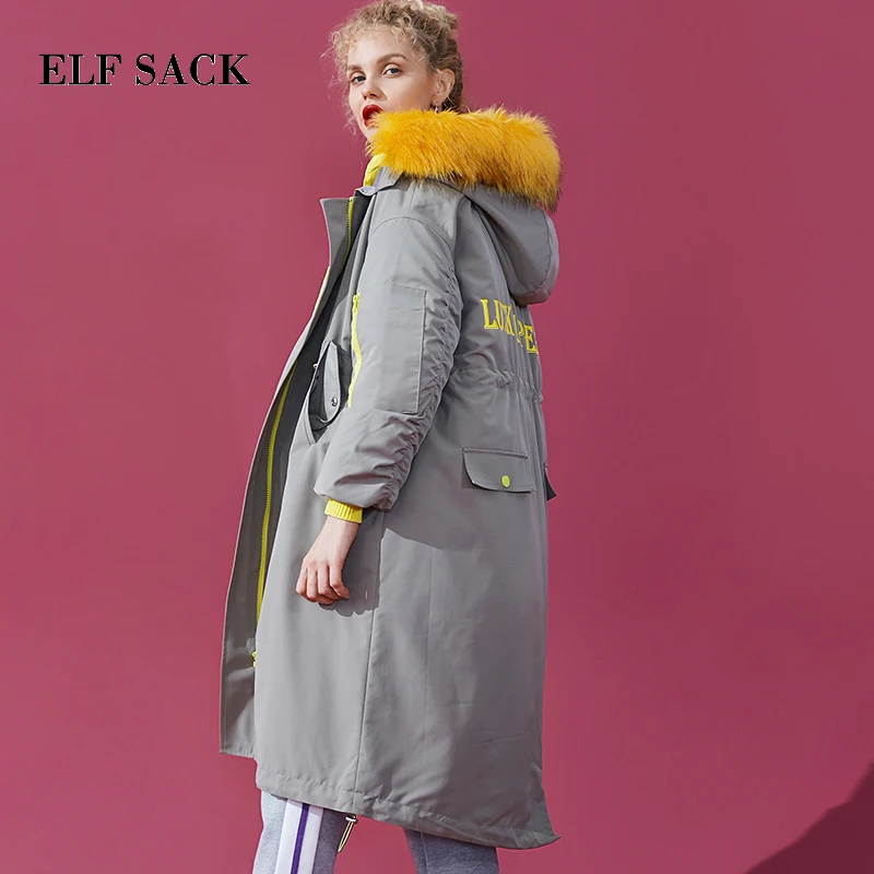 ELFSACK Ins Стильное женское пуховое пальто 90% белый утиный пух на молнии длинные