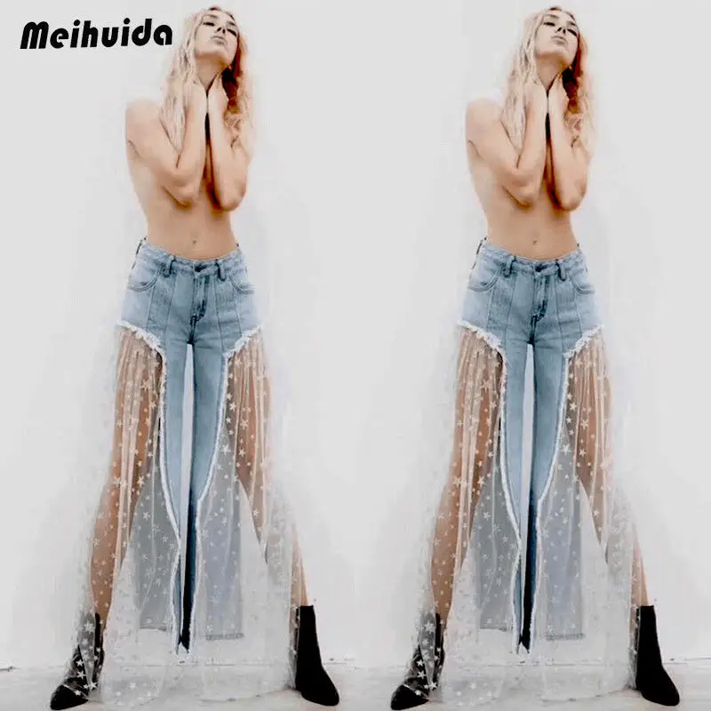 Plus Size Women High Waist Button Flared Demin Jeans Wide Leg Pants Special Design Spliced Trousers |