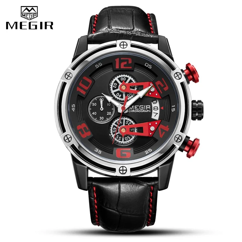 Black Red Мужские спортивные кварцевые часы MEGIR с хронографом и кожаным ремешком, мужские Модные Повседневные часы, военные аналоговые часы, мужские часы - Цвет: Black Red