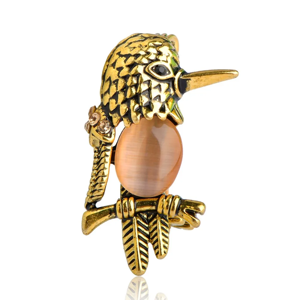 Винтажная эмалированная брошка с опаловыми птицами и кошачьим глазом заколка