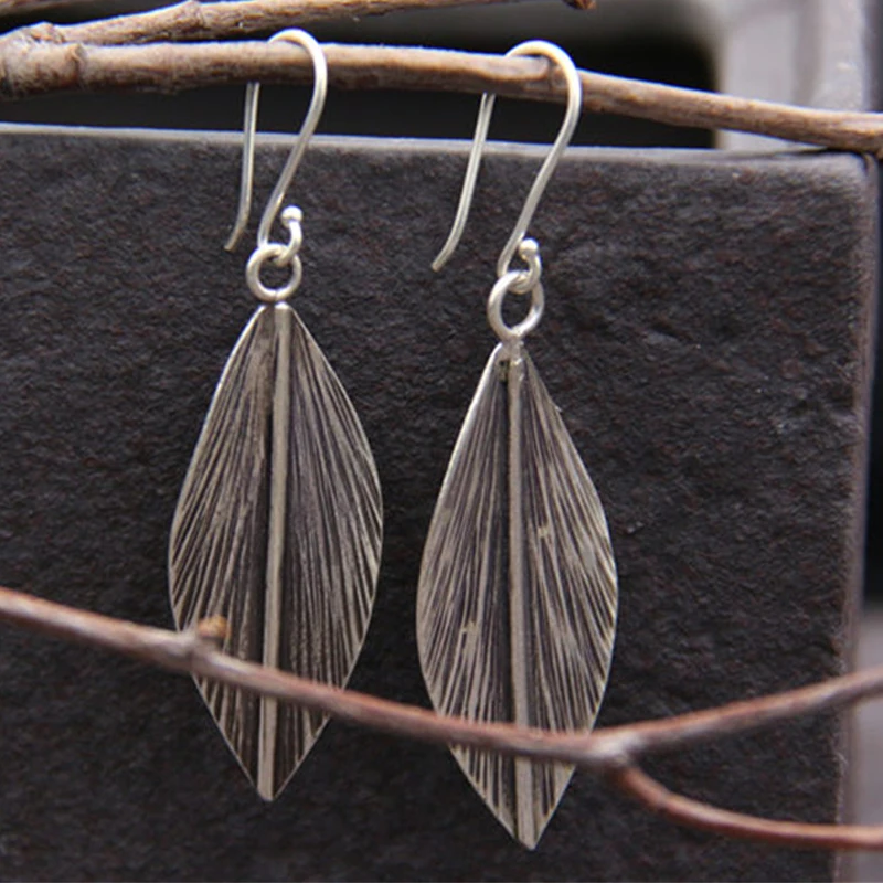 

JINSE 2018 Fashion Bohemian Long Earrings Unique Natural Real 925 Sterling Silver Big Leaf Earrings For Women Fine Jewelry Gif