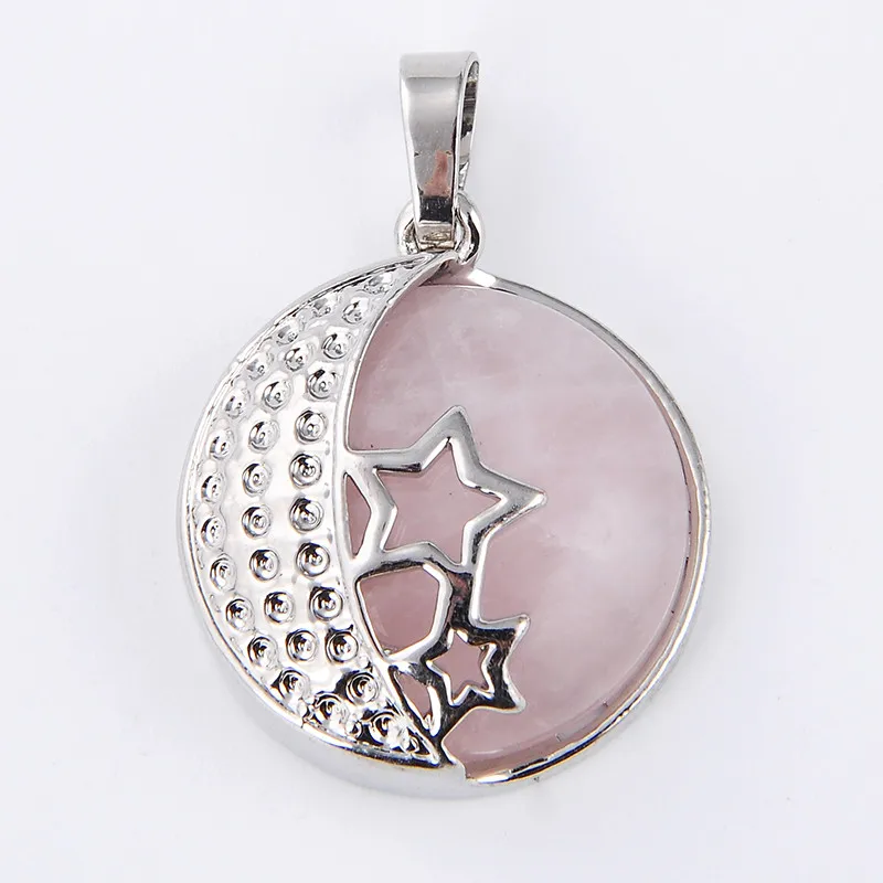 Pink Crystal Натуральный камень Lapis Tiger Turquoises опал розовый кварцевый кристалл Unakite Звезда Луна инкрустированный медный металлический полый диск подвеска-бусы - Окраска металла: Pink Crystal