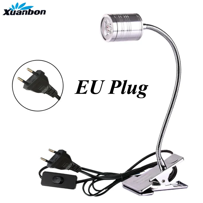 Silver with EU plug Светодиодный настольный светильник с вилкой Стандарта ЕС и США с зажимом 3 Вт, 5 Вт, гибкий светодиодный светильник для чтения, книга огней, лампа с регулировкой на 360 градусов, AC85-265V - Цвет корпуса: Silver with EU plug