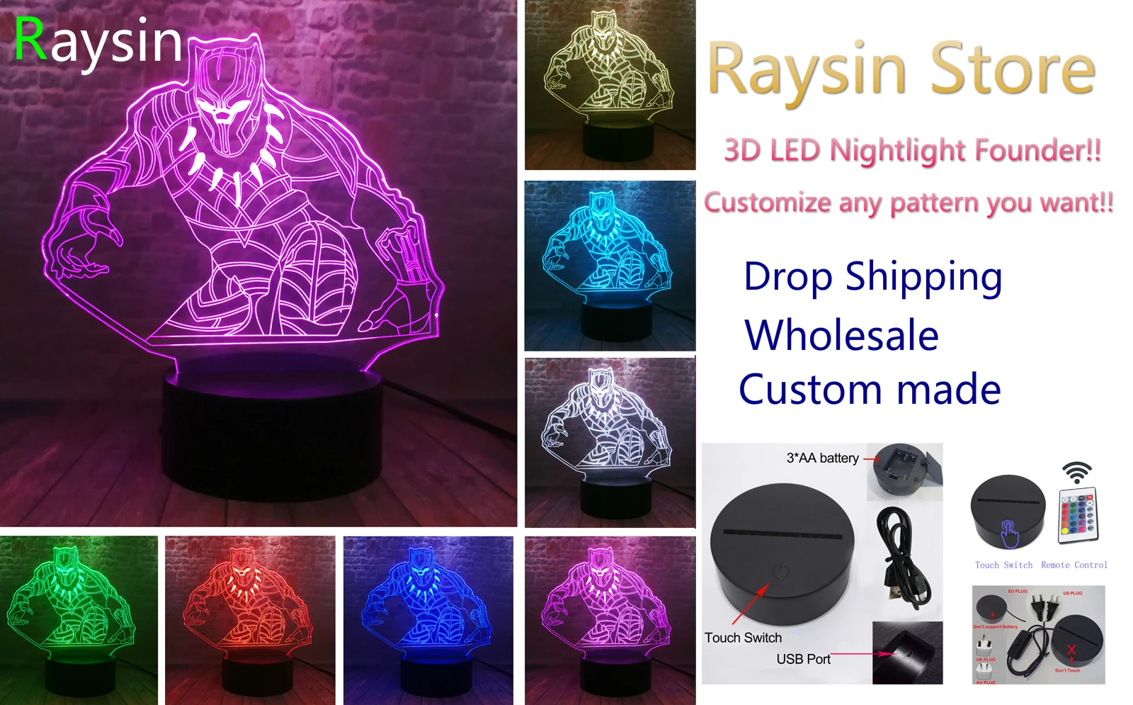 Мстители конец игры Черная пантера фигуры 3D иллюзия Ночной светильник