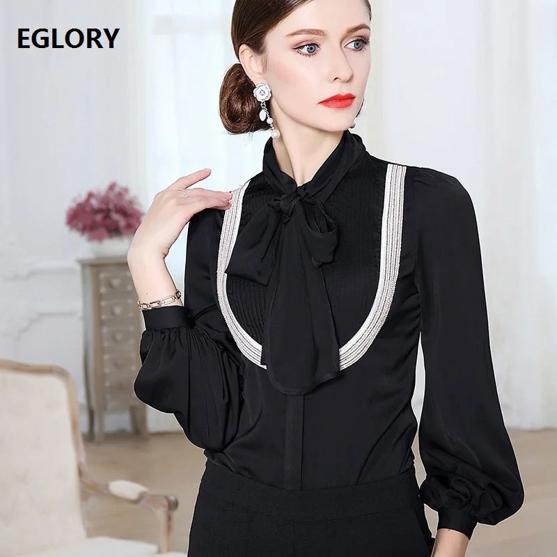 Top Quality Blouses for Women Bow Collar Appliques Beading Pleated Long Sleeve White Black Blouse Shirt Female Elegant Blusas