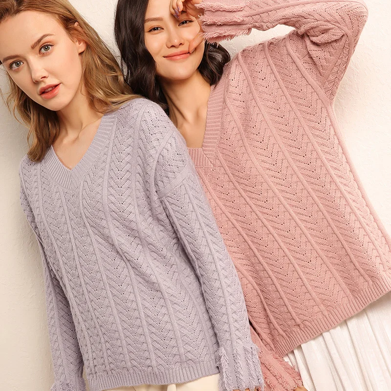 HZYRMY Autumn New High Quality Women's Wool Knit Pullover Large size V-neck Winter Solid Warm Wild Shirt Short Female Sweater | Женская