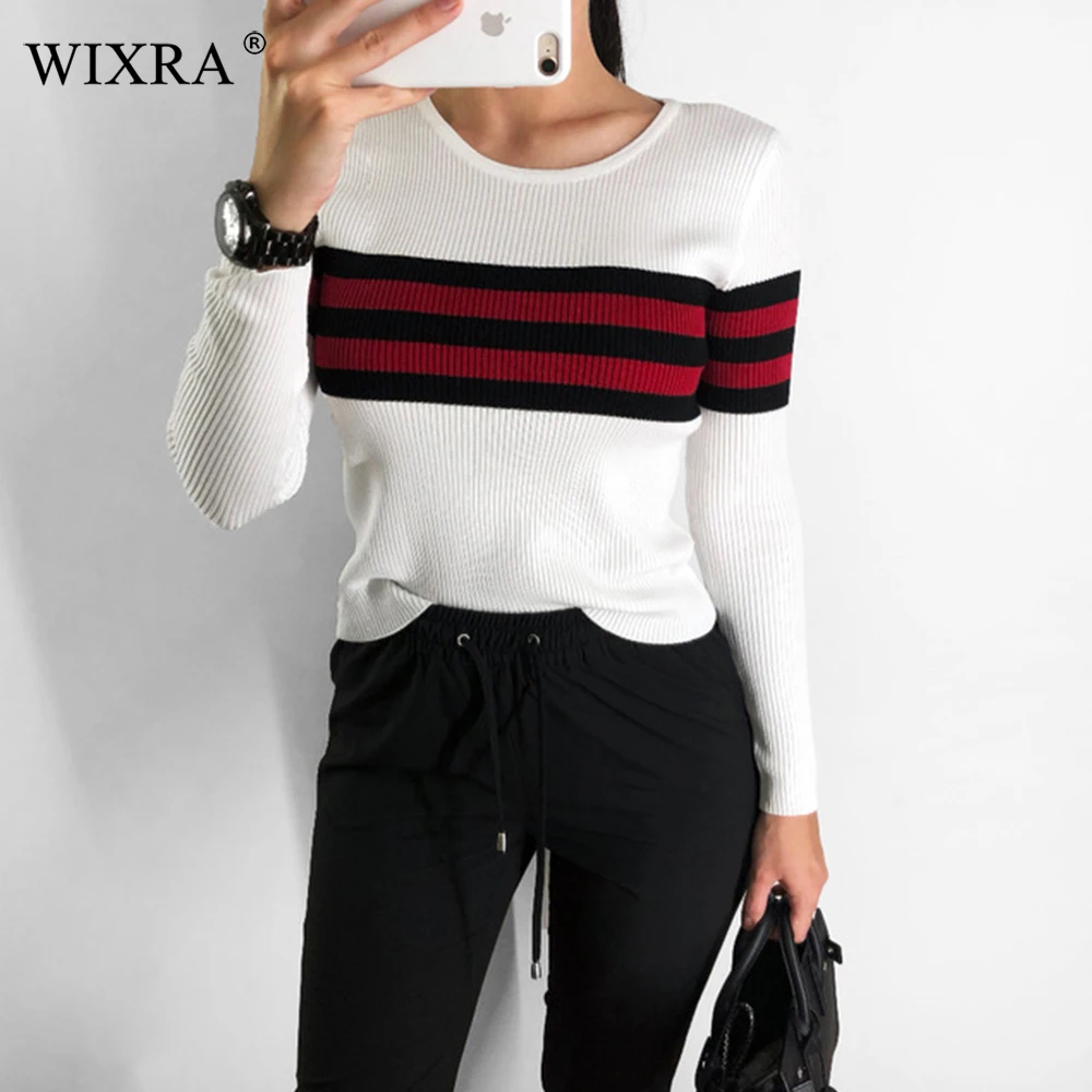 Wixra 2018 Pullovers Sweaters Slim O Neck Striped Sweater All Base Match Knitted Women's Clothing Autumn Winter New | Женская одежда