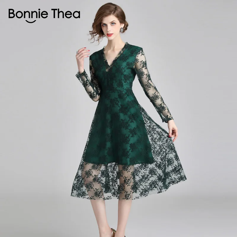 Bonnie Thea женское зеленое кружевное длинное платье осеннее с длинным рукавом