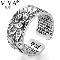 v ya 100 real 999 pure silver jewelry lotus flower open ring for men male fashion free size buddhistic heart sutra rings gifts