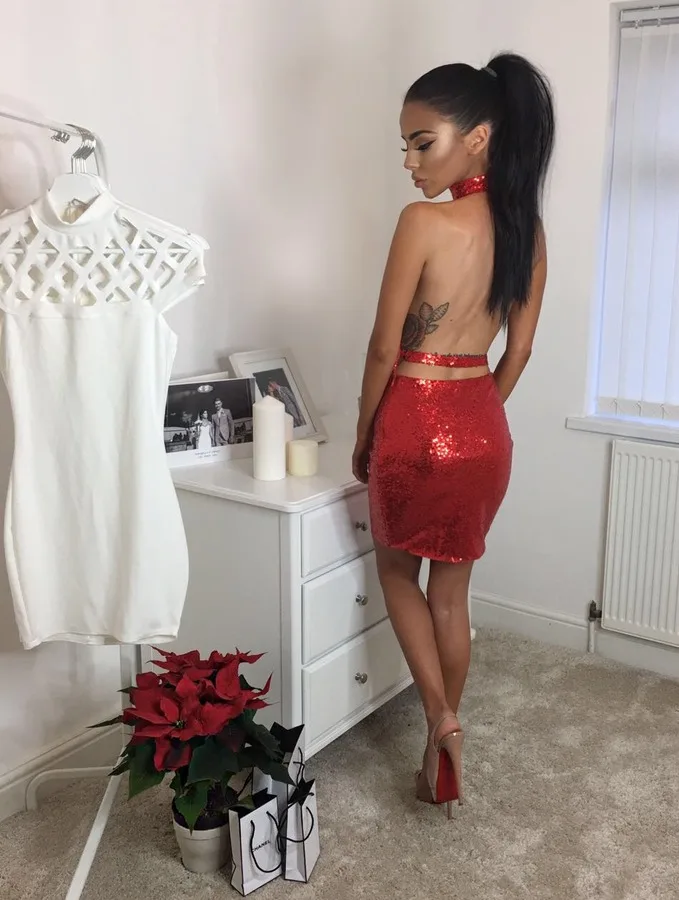 Сверкающими блестками Короткое платье женщин Повода глубоким v-образным вырезом