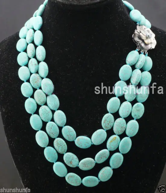 

NATURAL 3ROWS 13X18mm blue Turquoise Necklace AAA+ Shell clasp 18--20 inch