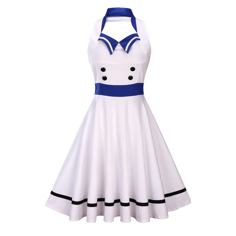 

Summer Women Sailor Collar Navy Vintage Dress Sexy Halter White Green Hepburn Retro 50s 60s Big Swing Rockabilly Dress Vestidos